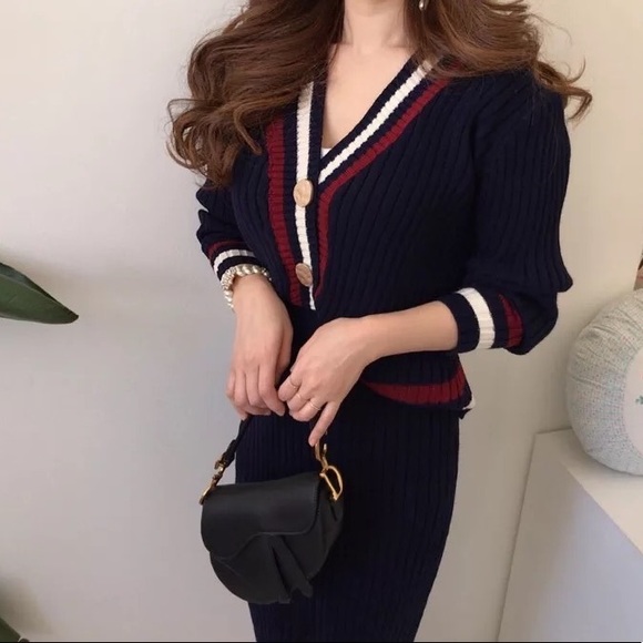 Cardigan sweater skirt 2 PCS SET navy blue stripe button womens top bottom - Picture 3 of 5
